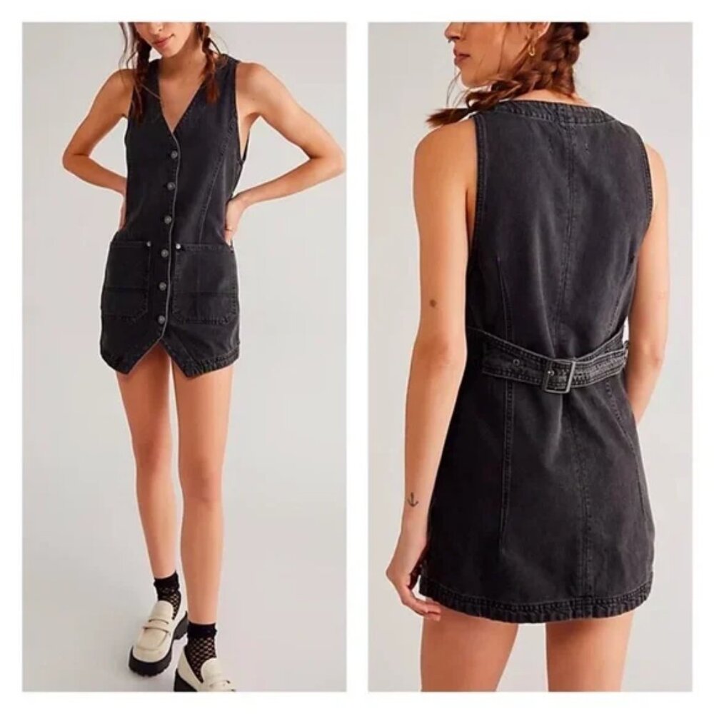 WE THE FREE Free People Out Of Office Black Grey Gray Denim Vest Overall Dress M